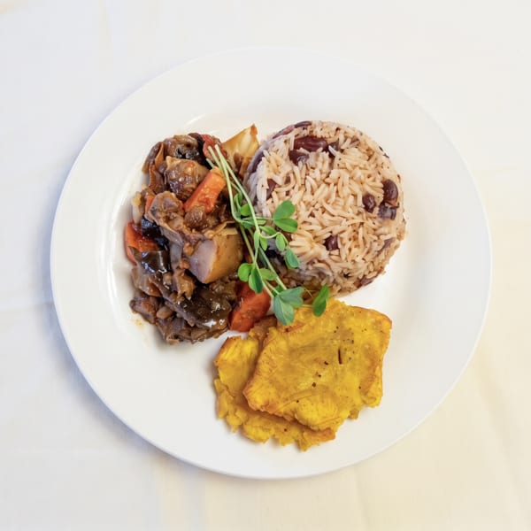 Hearty stew with rice and beans, garnished with microgreens, and fried plantains on a white plate.